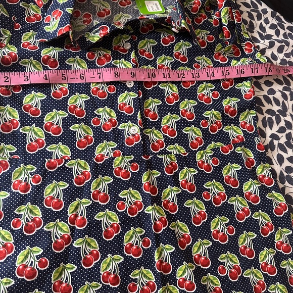 Kling Navy Blue Red Cherry Print Cotton Retro Pinup Button Front Dress NWT 2/S - Picture 14 of 15